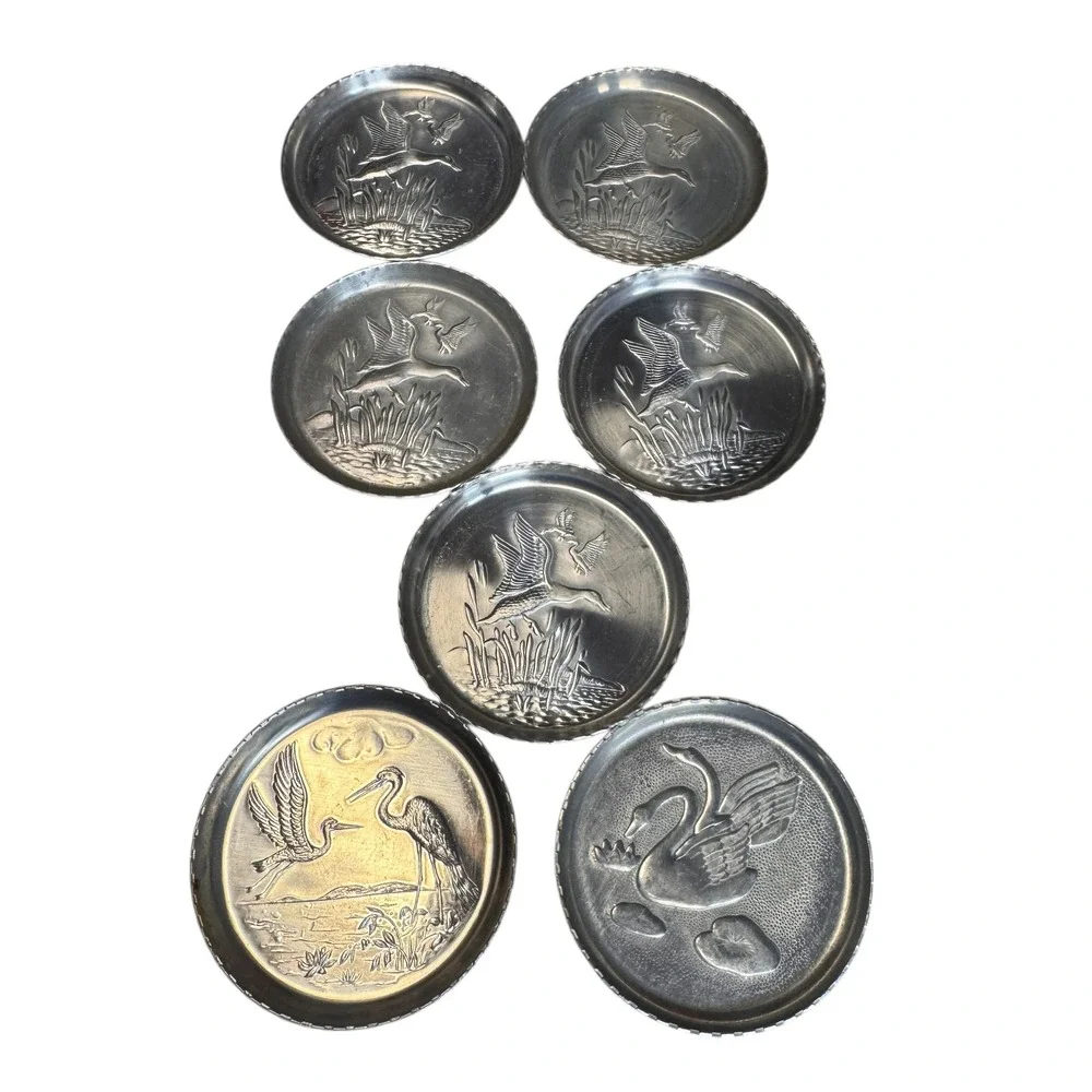 Vintage Pewter Coasters‎ Set of 7 Birds Geese Duck Crane Swan Embossed Drinkware
